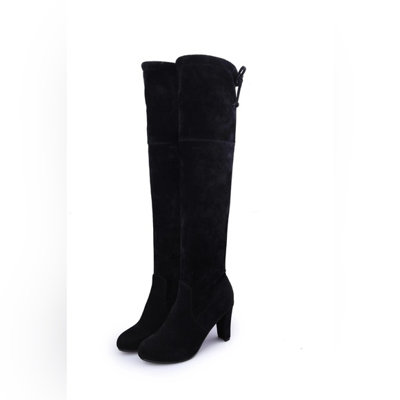 CLEARANCE Black Over Knee boot Vegan Suede Velvet Tie Lined Heel Soft Boots - Picture 2 of 6